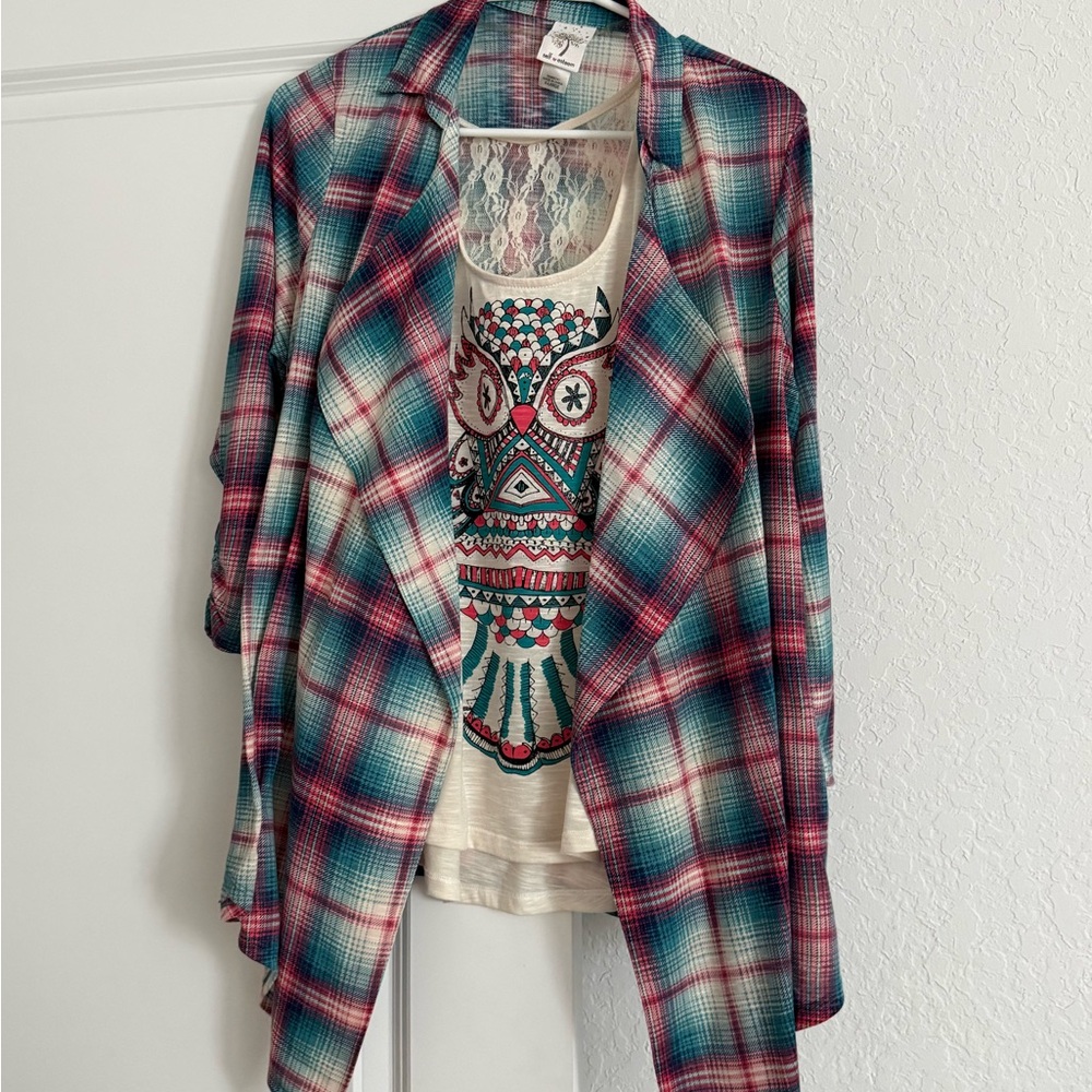 Self Esteem Owl Tank top under Multicolor Plaid Long Sleeve Top XL